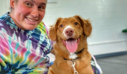 Happy dog owner smiling with a brown puppy indoors during a training or pet care session