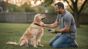 Trainer demonstrating e-collar basics to a dog owner