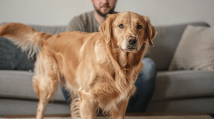 Golden retriever showing dog body language stress signals