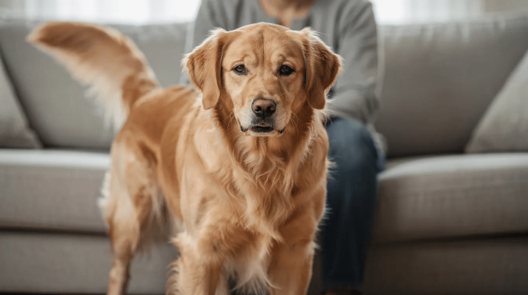 Golden retriever displaying dog body language stress signals