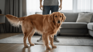 Golden retriever showing dog body language stress signals