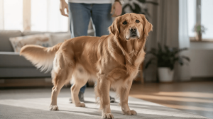 Dog body language stress signals in golden retriever indoors