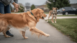 Leash reactivity in dogs as golden retriever lunges at dog