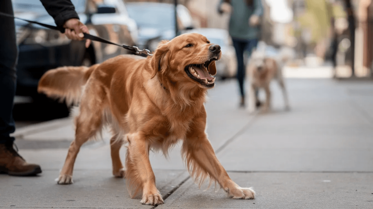 Leash reactivity in dogs as golden retriever barks on leash