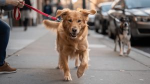 Leash reactivity in dogs as retriever lunges at another dog