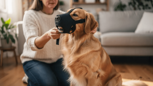 Woman muzzle training a dog indoors with a black muzzle