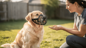 Woman using treats for muzzle training a dog outdoors