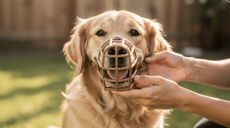 Muzzle training a dog with hands adjusting a basket muzzle