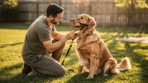 Muzzle training a dog with a trainer in a backyard